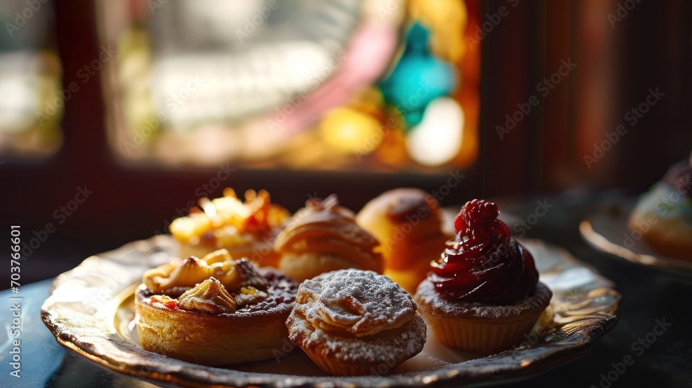 Poster a plate of pastries on a table in front of a stained glass window with a stained glass window behind