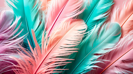 Fototapeta premium Colorful feathers background. Close-up of colorful feather texture.