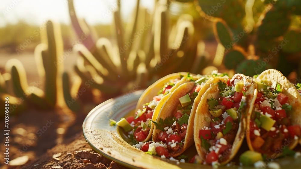 Wall mural three tacos sitting on top of a plate next to a cacti and a cacti plant.