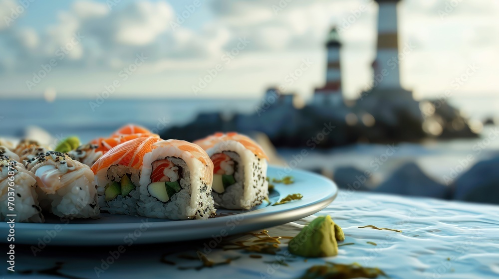Poster a plate of sushi on a table next to the ocean with a lighthouse in the background on a sunny day.