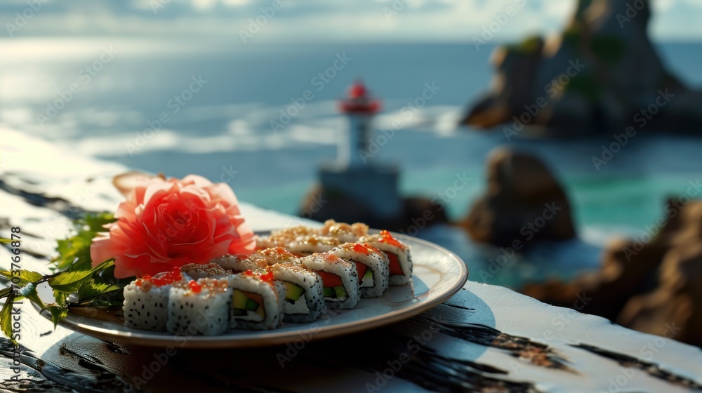 Poster  a plate of sushi with a flower on top of it on a table next to a body of water.