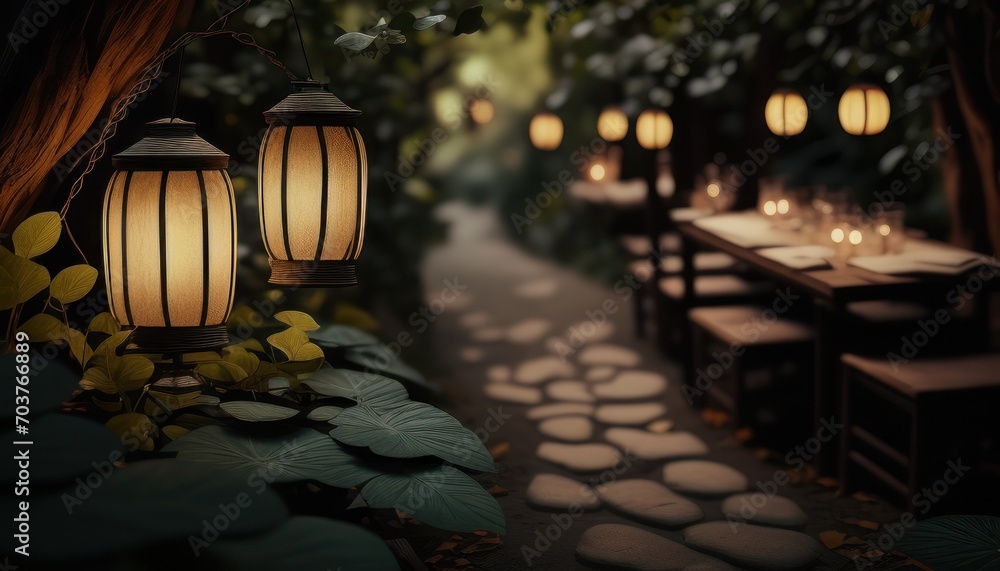 Poster a path lined with lanterns in the middle of a garden at night on the right side of the path, there i