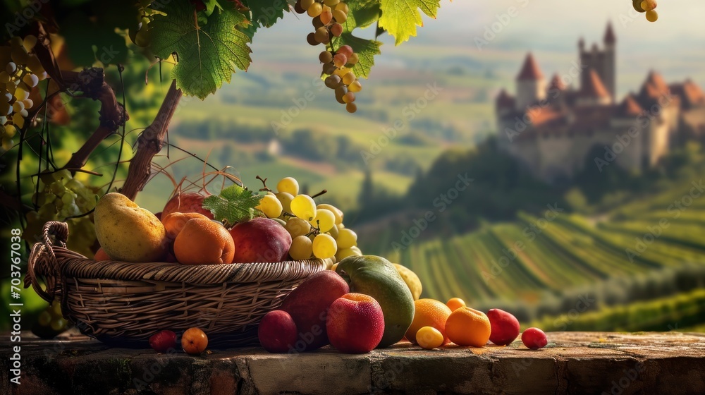 Poster a basket of fruit sitting on a ledge in front of a view of a vineyard and a castle in the background