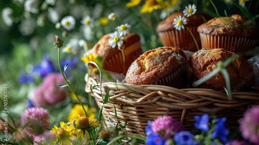 Sticker a basket filled with muffins sitting on top of a lush green field filled with lots of wildflowers.