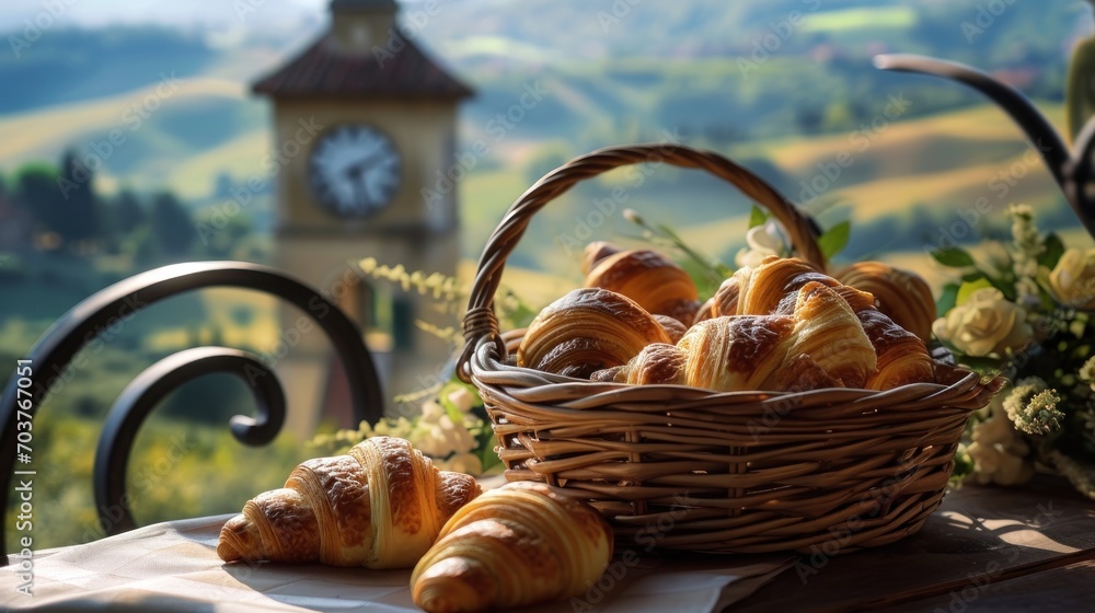 Aufkleber a basket filled with croissants sitting on top of a table next to a clock tower in the background.