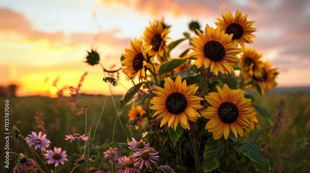 Poster a bunch of sunflowers in a field with a sunset in the background and clouds in the foreground.