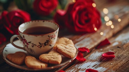 Heart shaped cookies and a cup of tea or coffee on the table, close up. Valentine's day celebration.