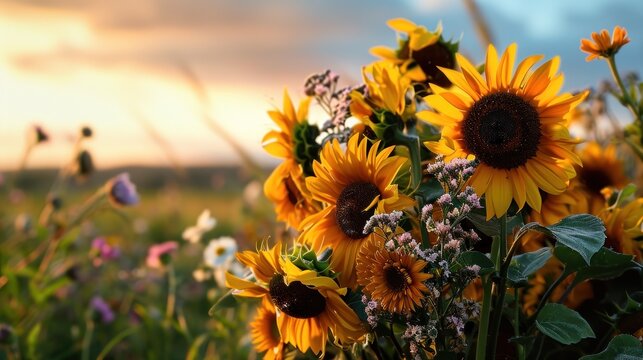  a large bouquet of sunflowers in a field with a sunset in the backgrouf of the picture.