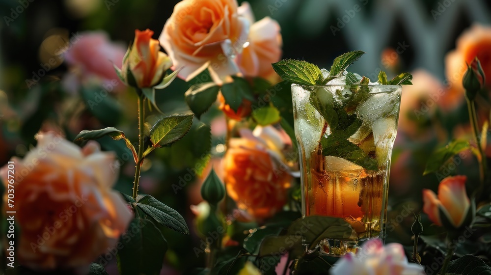 Poster a close up of a drink in a glass on a table with flowers in the background and a fence in the foregr