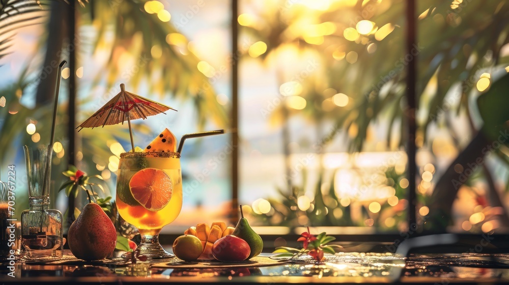 Poster a glass of orange juice with an umbrella and fruit on a table in front of a window with a view of th