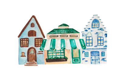 Watercolor houses. Little old town. Colorful houses. Cute buildings. Watercolor design for packing, packages, greetings, cards, nursery, kids, children, presents, gifs