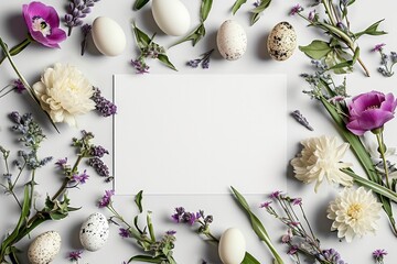 Naklejka na ściany i meble white paper card surrounded by spring flowers and eggs on a white background