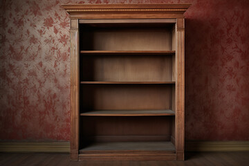 Old, wooden, bookcase with empty shelves against the wall
