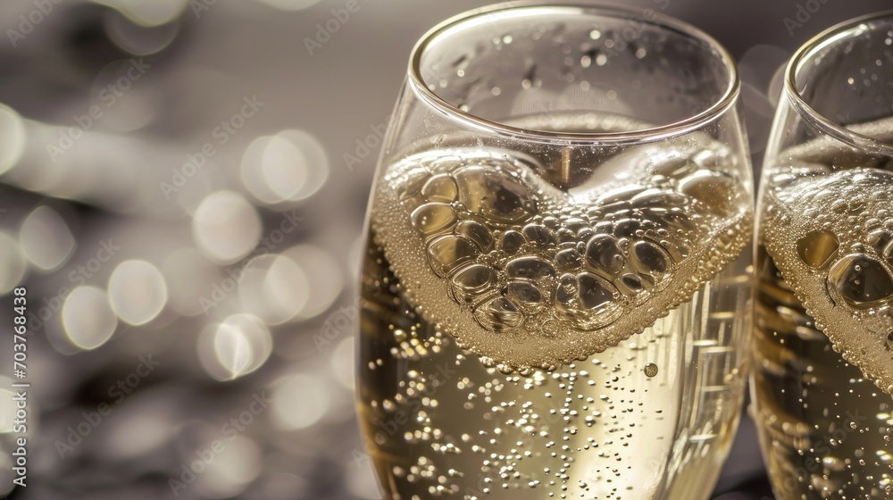 Poster two glasses of champagne with bubbles in the shape of a heart and bubbles in the shape of a heart an