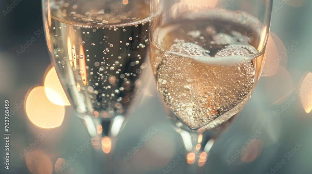 Poster two glasses of champagne sitting next to each other on a table with lights in the backgroung behind 