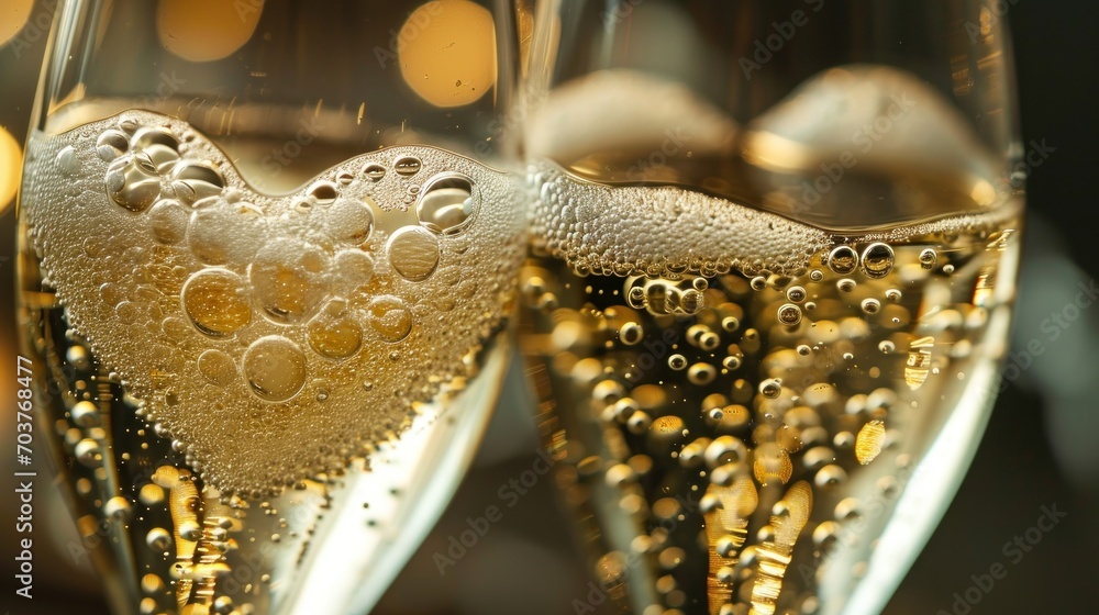 Poster two glasses of champagne with bubbles in the shape of a heart and bubbles in the shape of a heart an