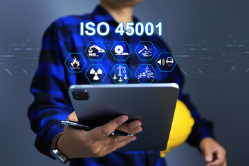 iso 45001 concept is workplace safety standard health and safety of employee or worker with...