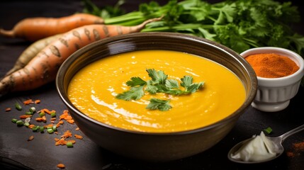 A bowl of creamy sweet potato and carrot soup with ginger