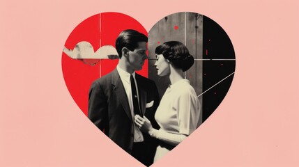 Valentines Day Vintage Style Romantic Couple in Heart Silhouette collage. Artistic illustration collage of man and woman in vintage attire within a heart-shaped silhouette and flowers. - obrazy, fototapety, plakaty