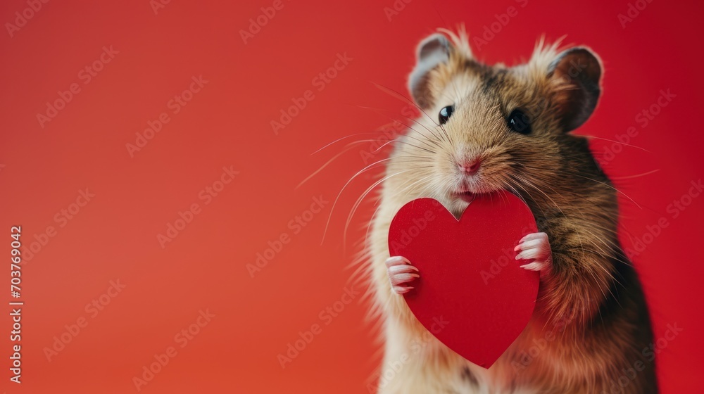 Poster a brown and white rat holding a red heart on a red background with a red background and a red backgr