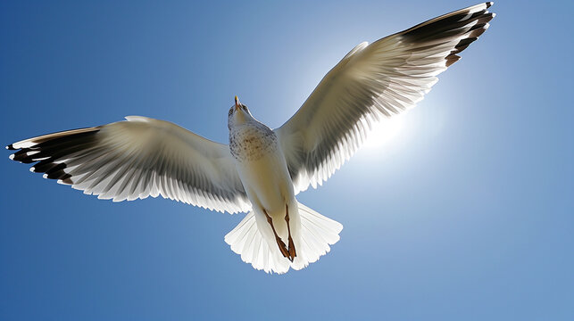 Seagull flying with blue sky background. sky and bird bottom up view landscape. AI Generative
