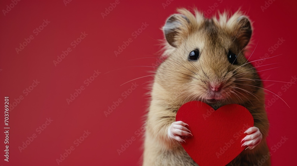 Poster a brown hamster holding a red heart on a red background in front of a red wall with a red background