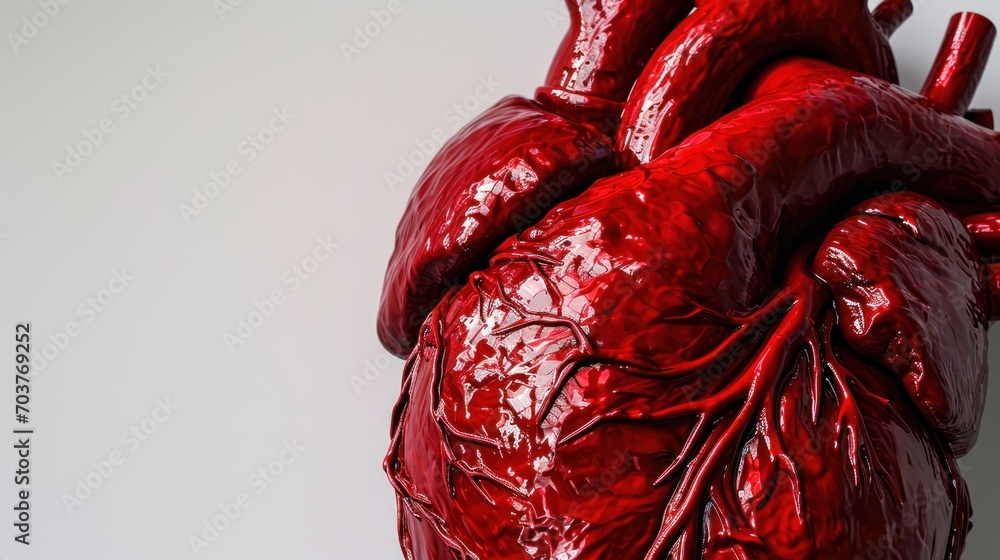Poster a close up of a red heart model on a white background with a reflection of the inside of the heart.