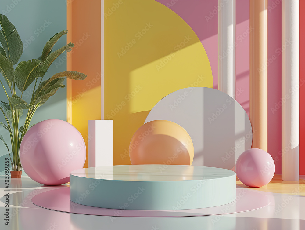 Poster 3d illustration of empty cylinder podium backdrop in vivid color theme for product display. abstract