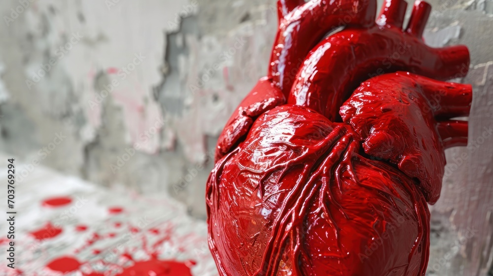 Poster a close up of a red heart shaped object on a white and gray surface with red circles on the wall beh