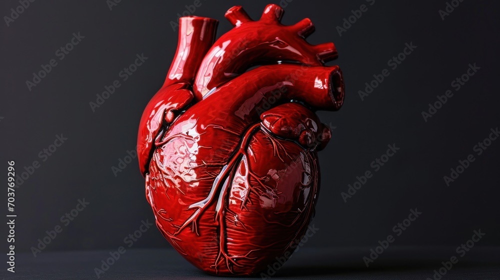 Poster a red heart shaped object sitting on top of a black surface in front of a gray background with a bla