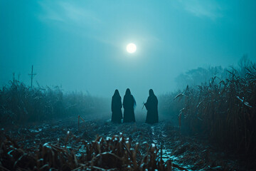 Silhouette of three women in the fog in a cornfield