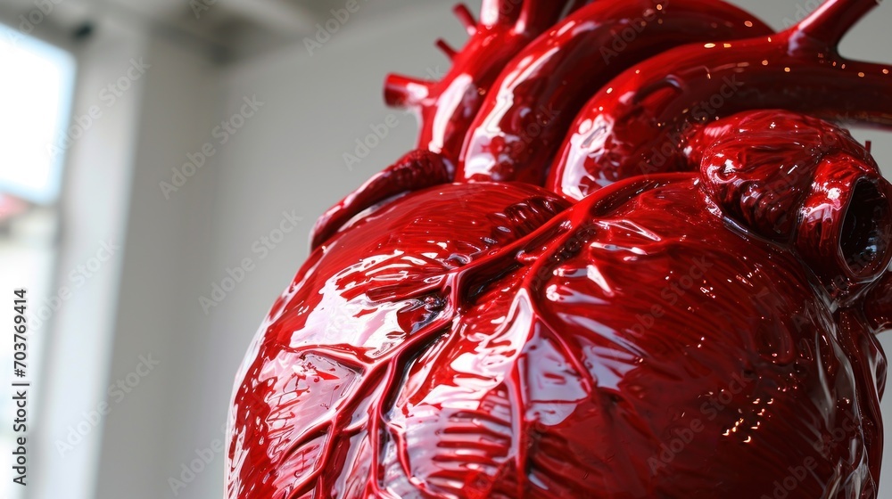Poster a close up of a red heart statue in front of a window with a window sill in the background.
