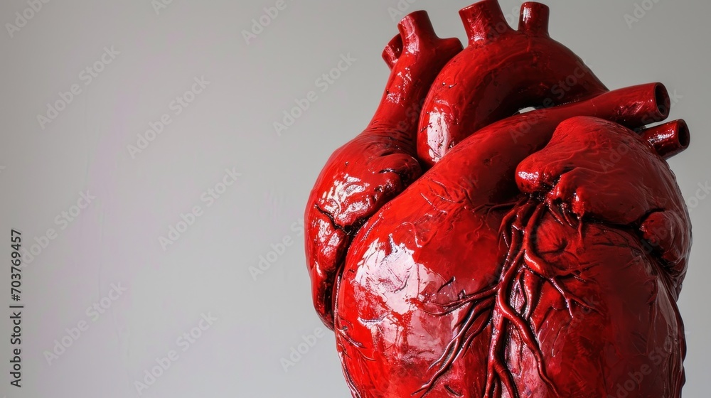 Poster a close up of a human heart on a white background with a gray backround behind it and a white backro