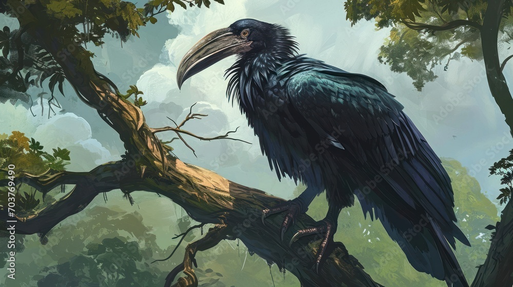 Aufkleber a painting of a black bird perched on a branch of a tree in the middle of a forest with a cloudy sky