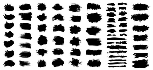 Set of black paint, ink brush strokes, brushes, lines. Dirty artistic design elements, boxes, frames for text. Vector illustration.