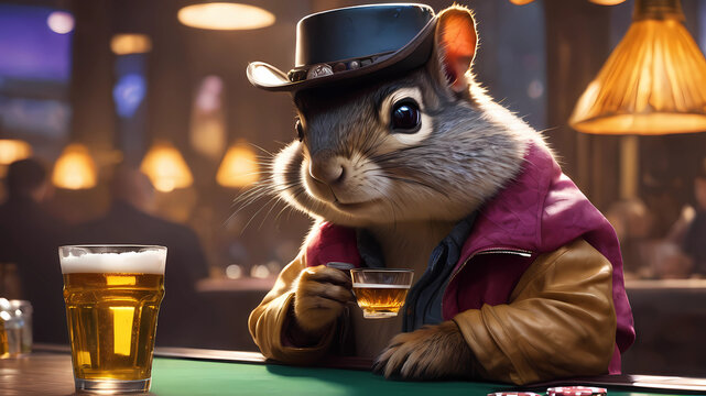 poker chipmunk cowboy drinks beer at speckled pink cyber pyramid, glowing, prismatic, pearlescent, shimmering, highly detailed, concept art, cinema lighting, digital painting, unreal engine, smooth, s