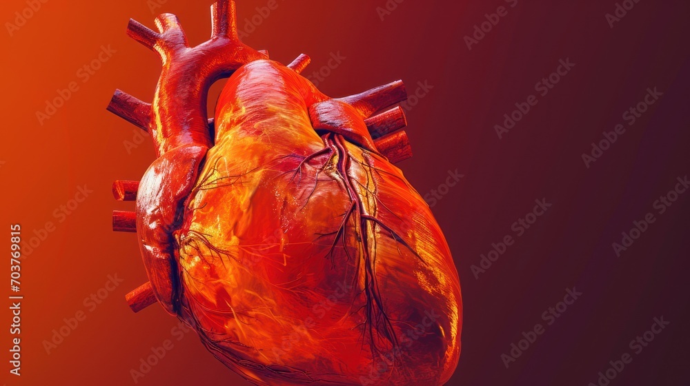 Poster an image of a human heart on a red and orange background with a red background and a red background 