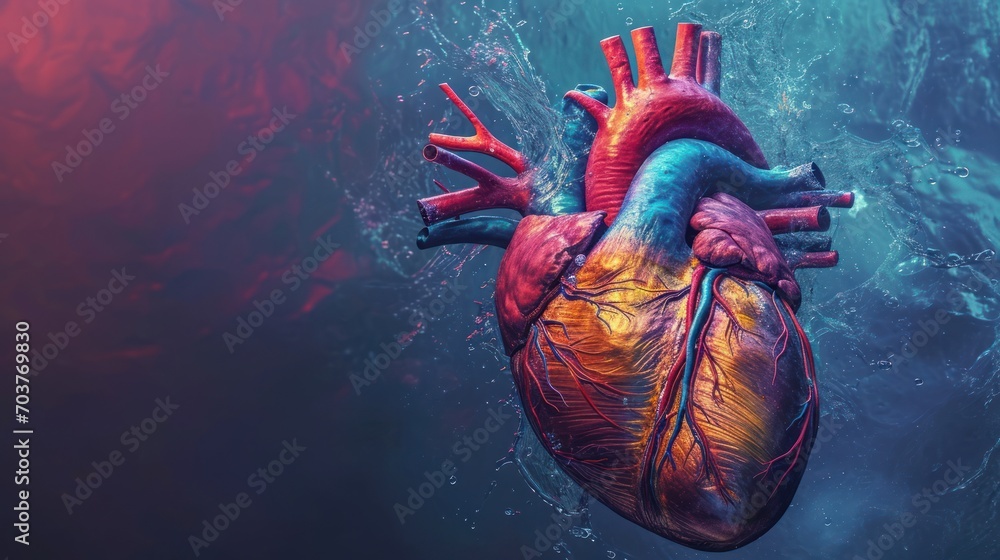 Poster a computer generated image of a human heart floating in a body of water with a splash of water aroun