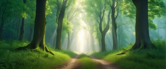 Tranquil woodland with lush foliage and sunlight streaming through trees.

