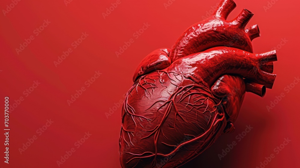 Poster a red heart on a red background with a shadow of a human heart on the left side of the image.