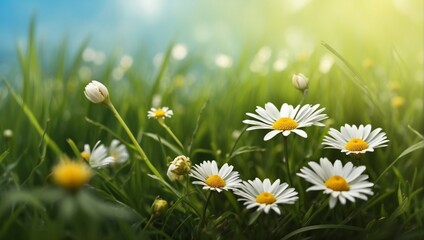 a field of daisies with the sun shining in the background
