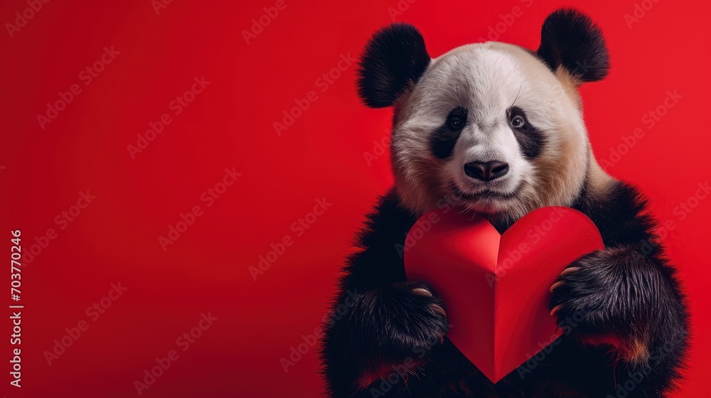 Poster a panda bear holding a red heart on a red background in front of a black and white panda bear holdin
