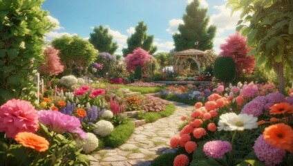 Fototapeta na wymiar Serene Garden with Colorful Blossoms Under a Blue Sky 