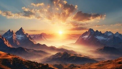 Majestic winter mountains at sunrise, with tranquil atmosphere
