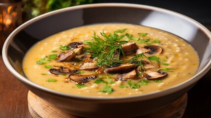 A bowl of creamy mushroom and barley soup with thyme