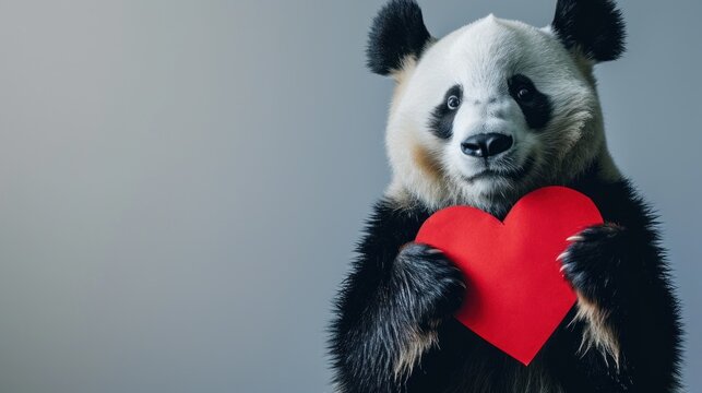  a panda bear holding a red heart in it's paws and looking at the camera with a sad look on his face.