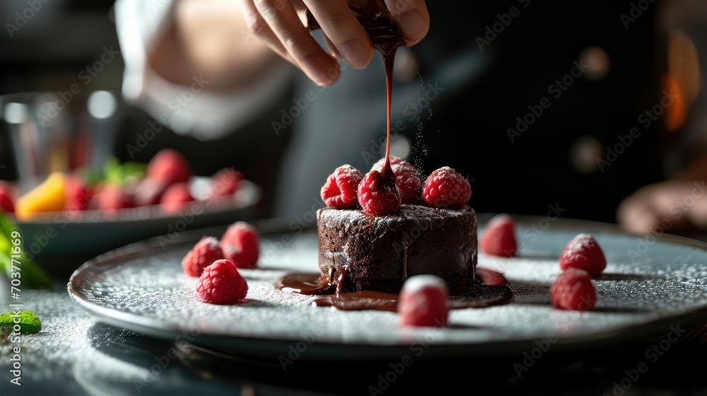 Sticker  a chocolate cake with raspberries is being drizzled with a chocolate glaze on a plate.