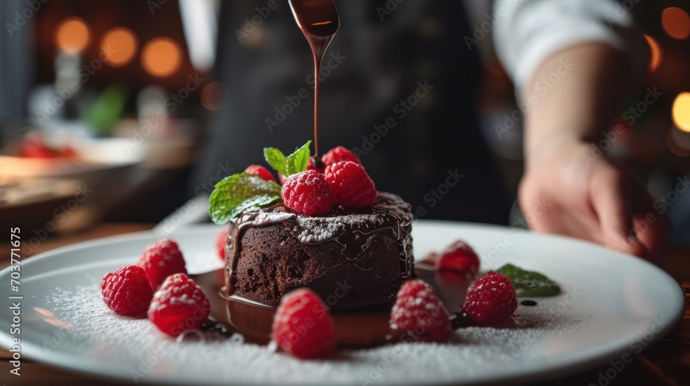 Sticker  a person drizzling syrup on top of a chocolate cake with raspberries on a white plate.