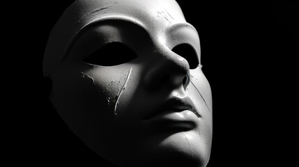  a black and white photo of a white mask with a hole in the middle of the mask and a black background.