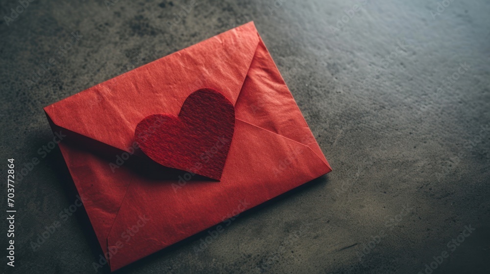 Poster a red envelope with a heart cut out of it sitting on a gray surface with a shadow of the envelope.